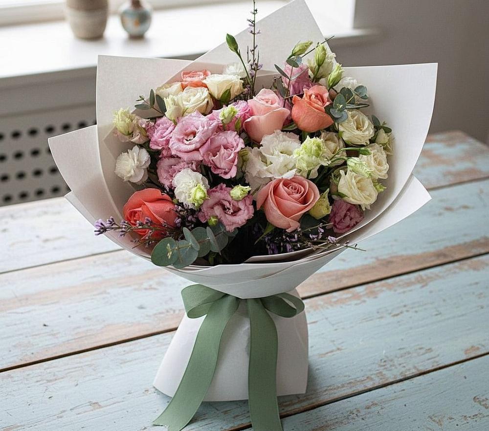 Букет цветов из: Розы, Лизиантусы и Гвоздики в Сурске