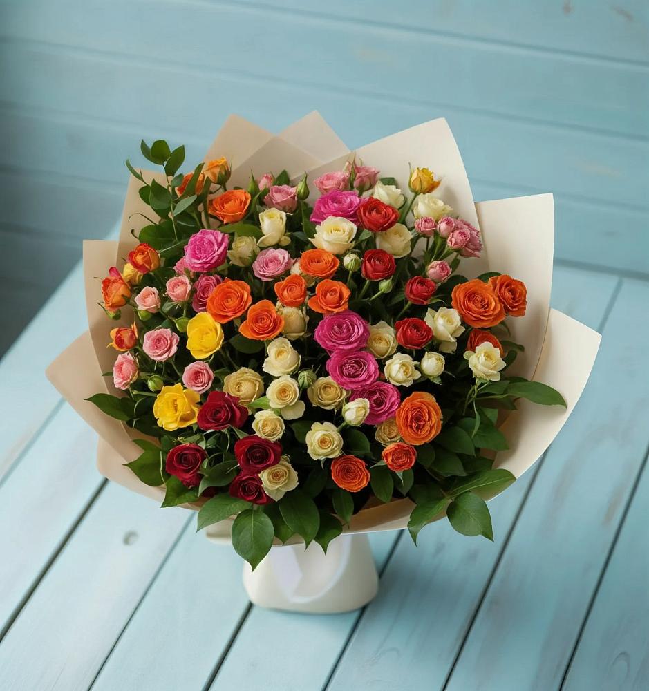 Букет Микс из разноцветных кустовых роз в Сурске