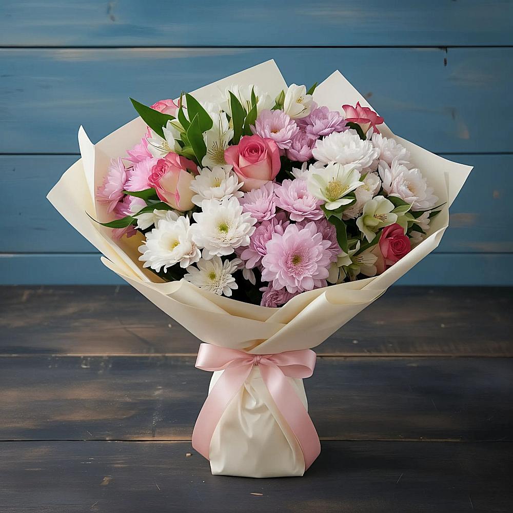 Букет цветов из: Хризантемы, Альстромерии и Розы в Сурске